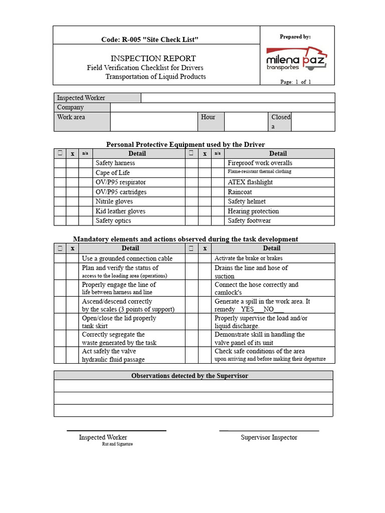 Liquid Transport Driver Safety Checklist | PDF