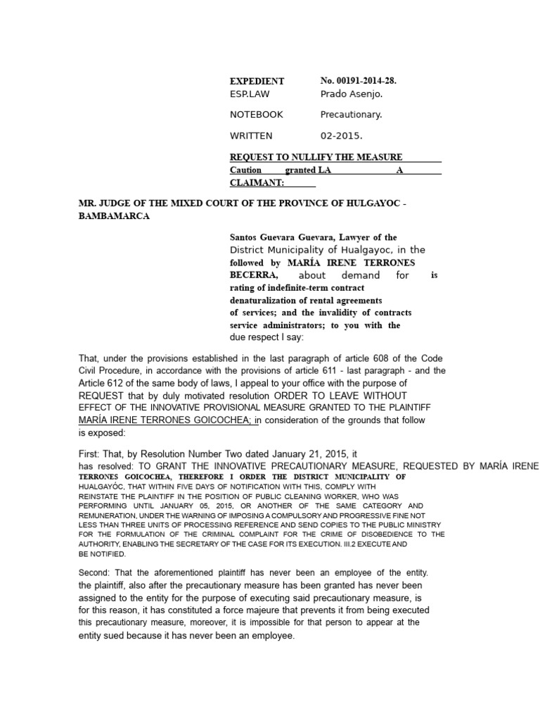 Request to Nullify Precautionary Measure | PDF | Argument | Reason