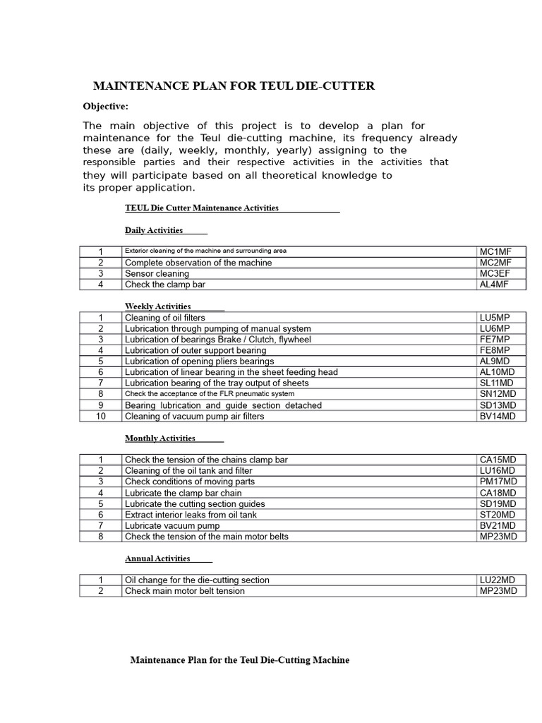 Teul Die-Cutter Maintenance Schedule | PDF | Bearing (Mechanical ...