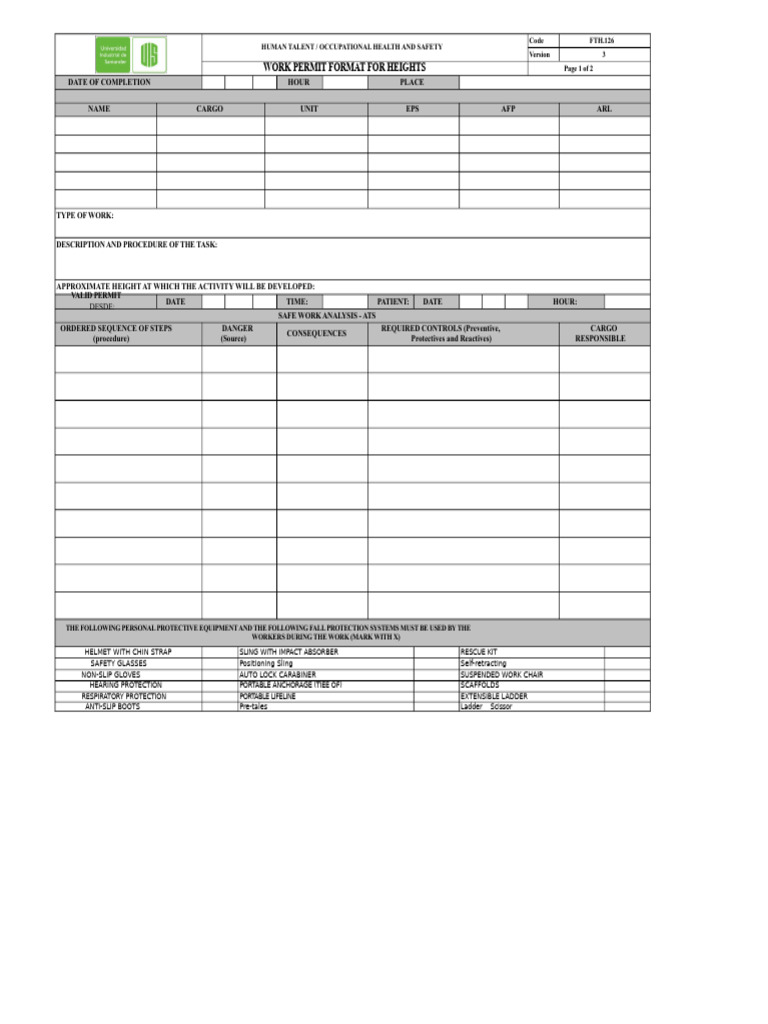 Safe Work Permit for Heights | PDF | Personal Protective Equipment ...
