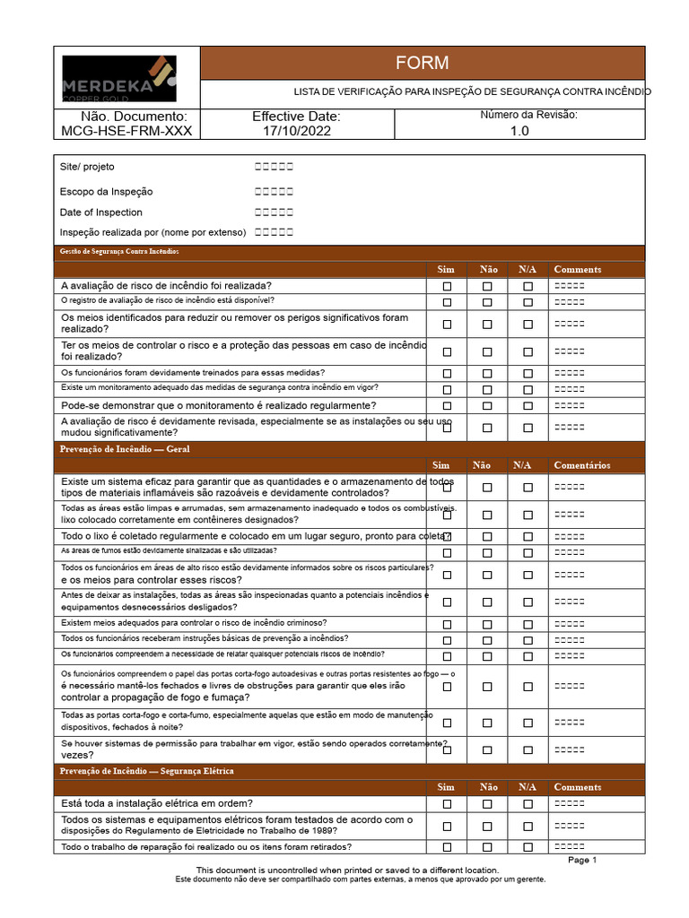 Checklist de Inspeção de Segurança Contra Incêndio | PDF | Incêndios ...