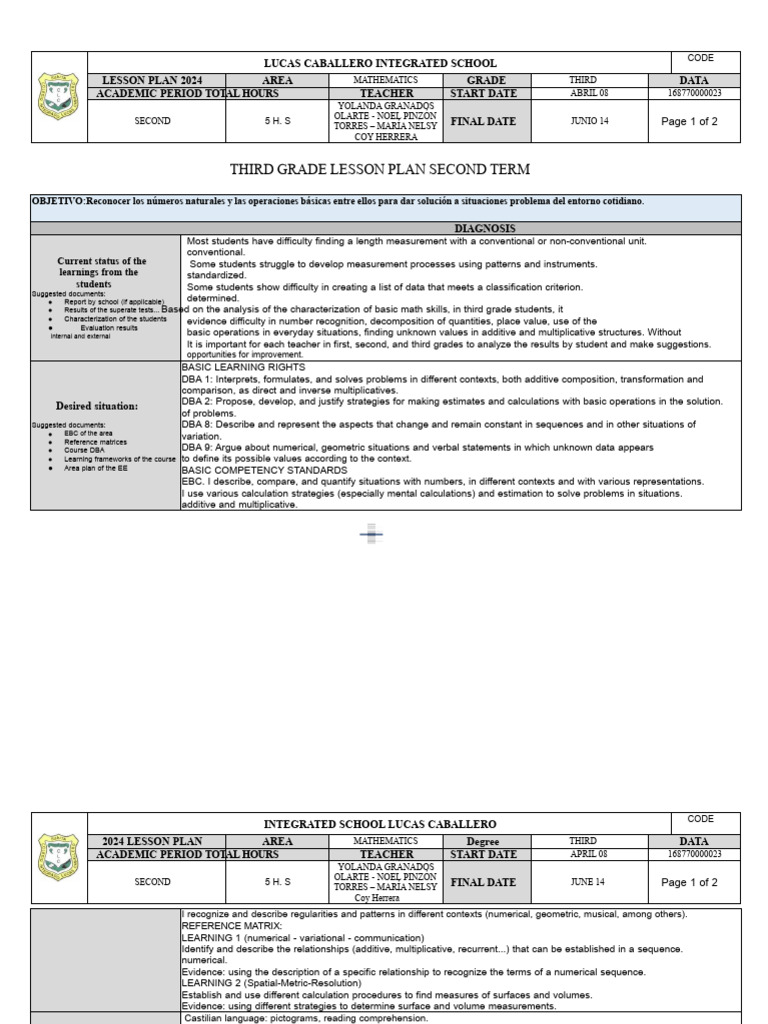 Third Grade Math Lesson Plan 2024 | PDF | Matrix (Mathematics ...
