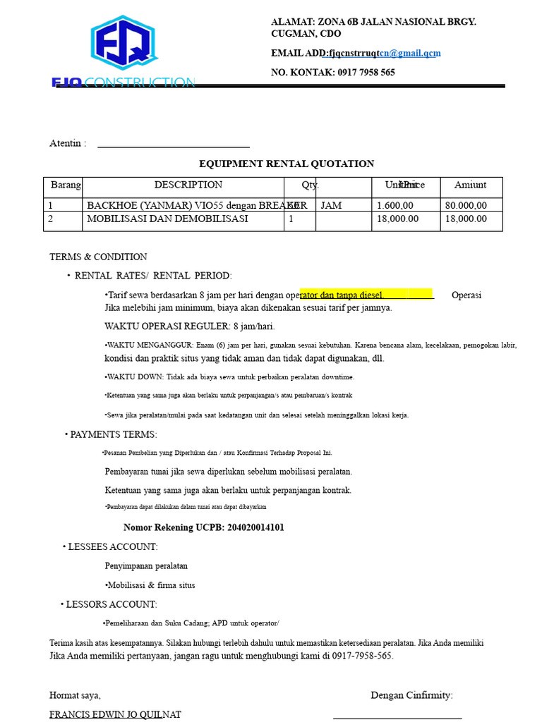 Penawaran Sewa Backhoe Yanmar VIO55 | PDF
