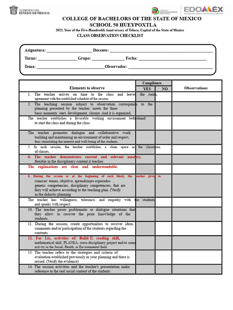 Class Observation Checklist Template | PDF | Teachers | Procedural ...