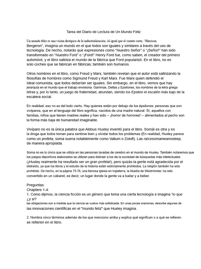 Diario de Lectura de Un Mundo Feliz | PDF