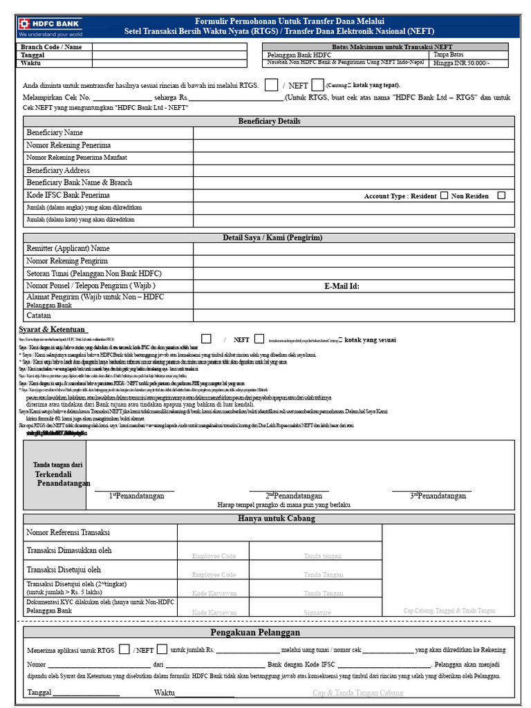Formulir Permohonan Transfer Dana NEFT/RTGS | PDF