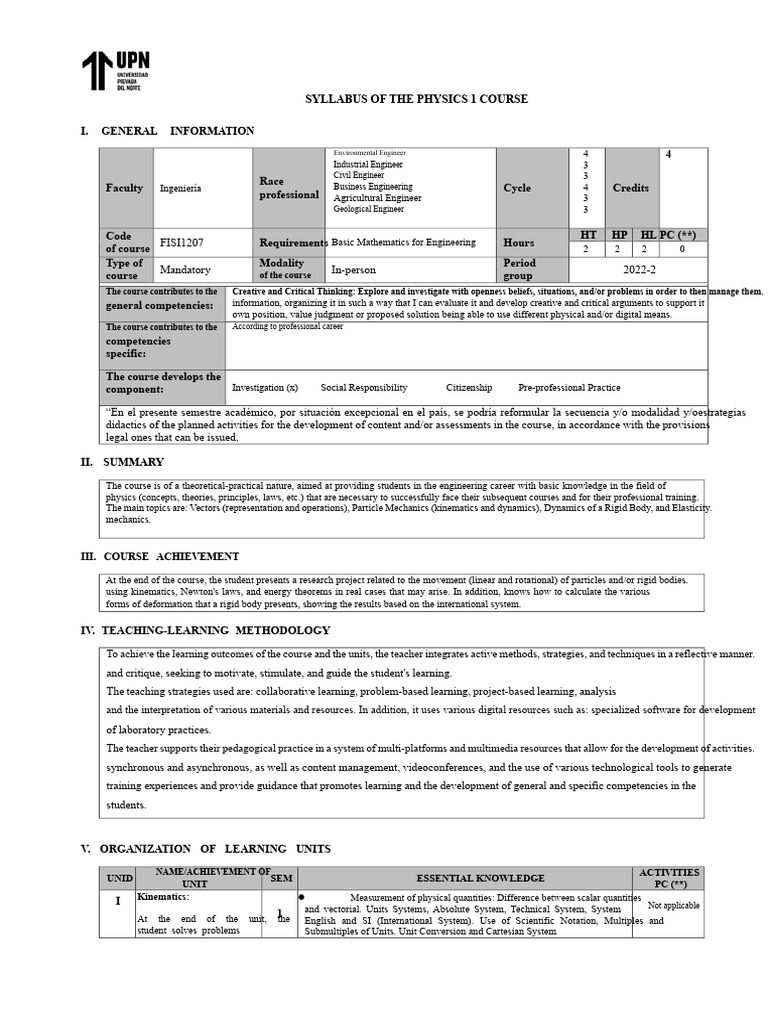 Physics 1 Course Syllabus for Engineers | PDF | Force | Euclidean Vector