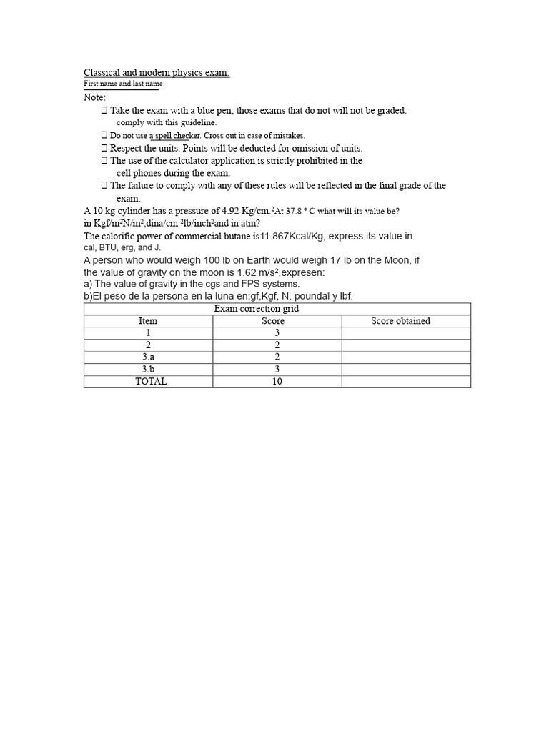 Classical and Modern Physics Exam | PDF | Units Of Measurement | Force