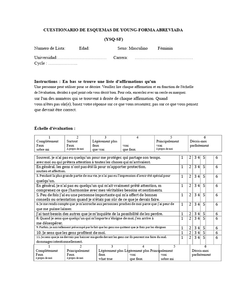 Questionnaire YSQ-SF sur les schémas émotionnels | PDF