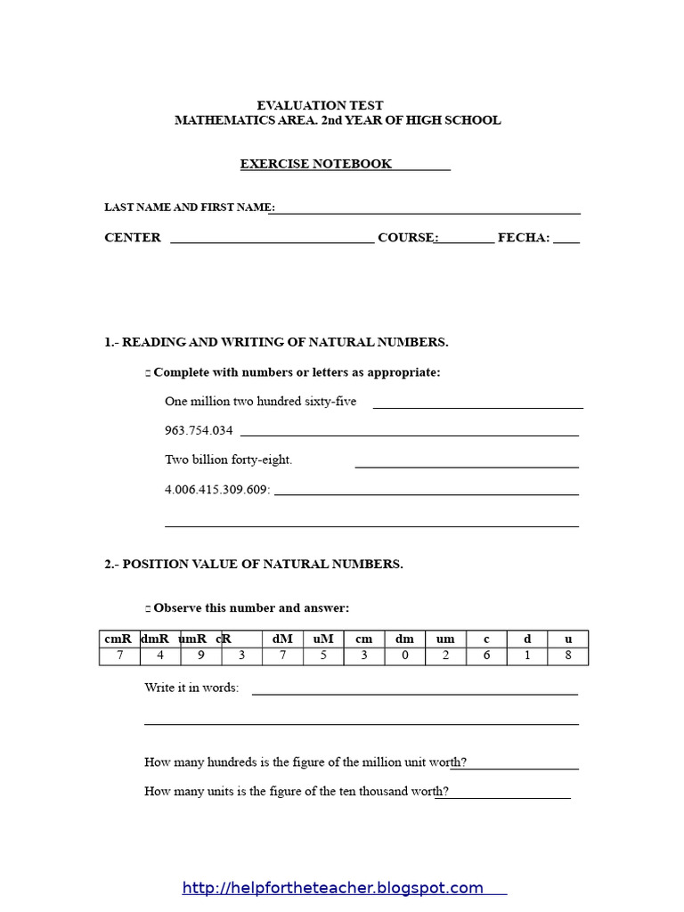 High School Math Evaluation Test | PDF | Numbers | Multiplication