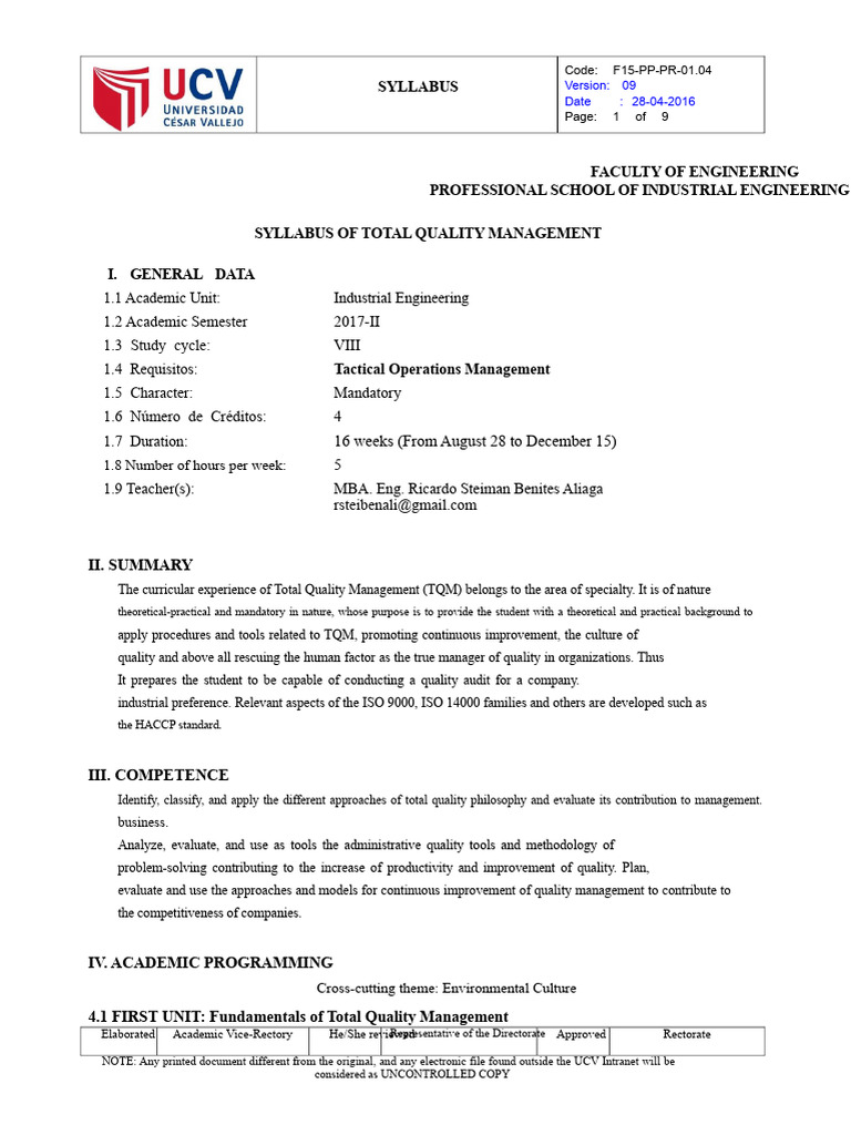 Total Quality Management Syllabus | PDF | Quality Management | Audit
