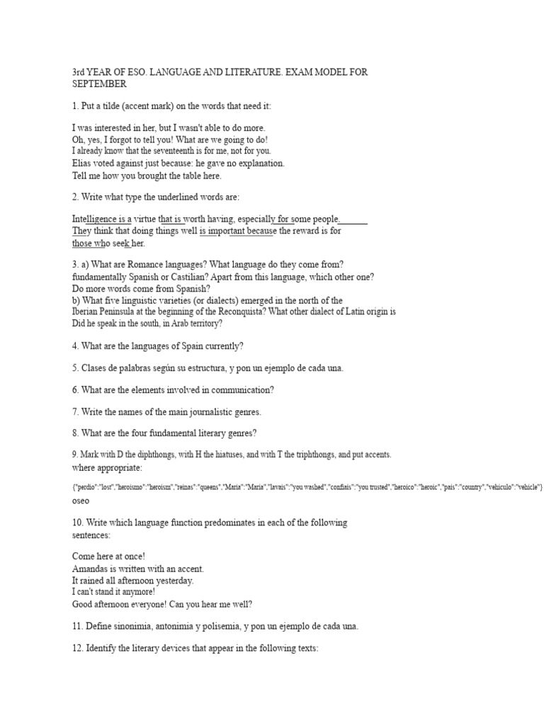 3rd Year of ESO Global Exam | PDF | Spanish Language | Languages