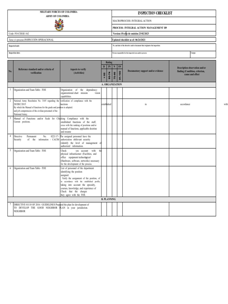Colombia Military Forces Inspection Checklist | PDF | Risk Management ...