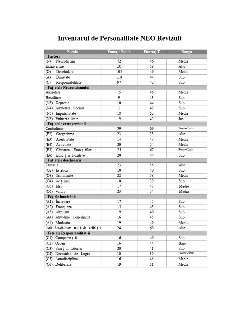 Interpretarea NEO PI R | PDF