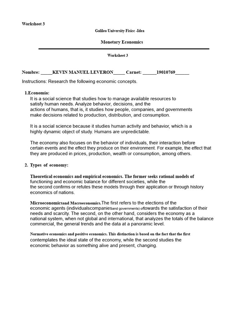 Worksheet 3 Monetary Economics | PDF | Cost Of Living | Market (Economics)