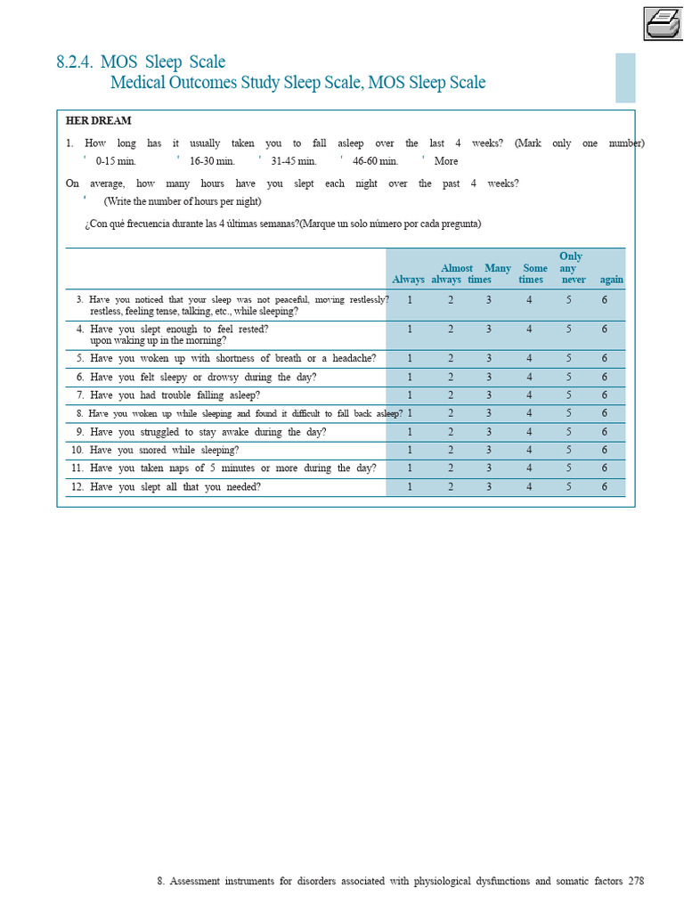 MOS Sleep Scale Assessment Tool | PDF | Sleep | Snoring