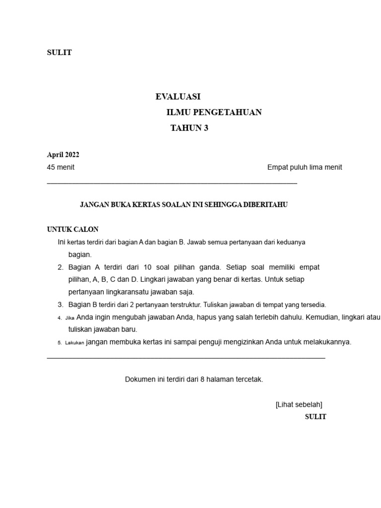 Ujian Ilmu Pengetahuan Tahun 3 2022 | PDF