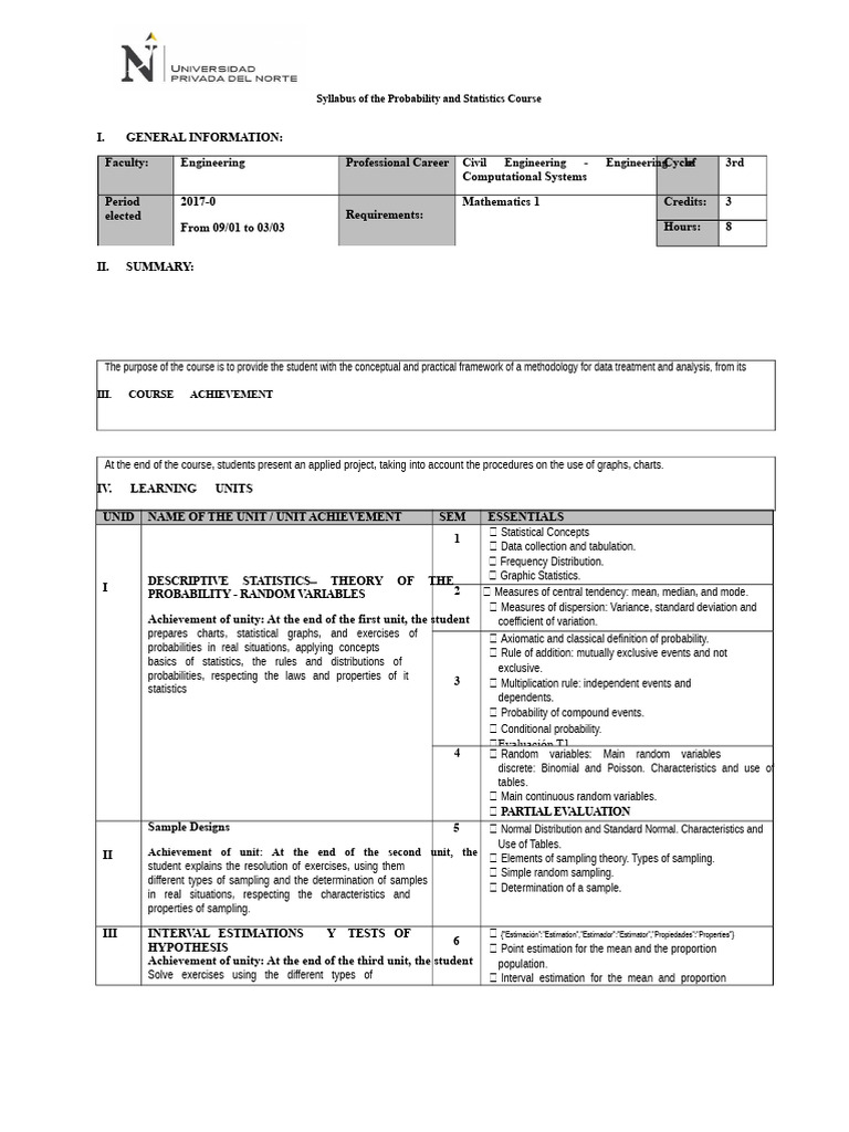 Probability and Statistics Course Syllabus | PDF | Statistics ...