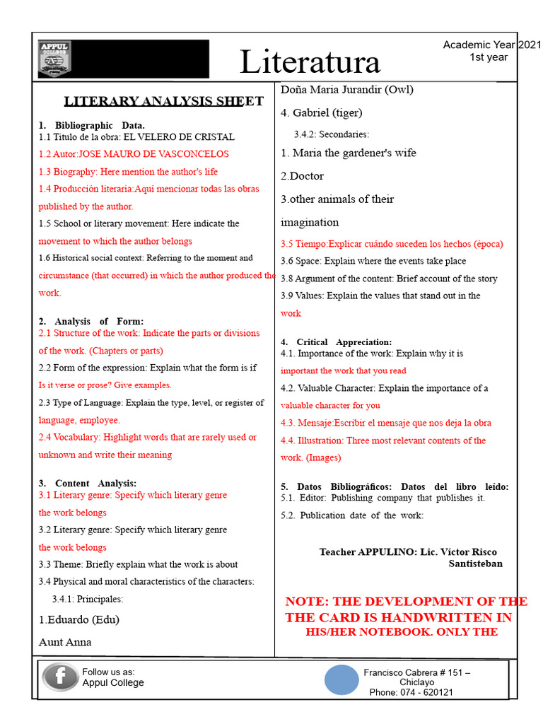 Literatura: Literary Analysis Sheet | PDF | Writing | Human Communication