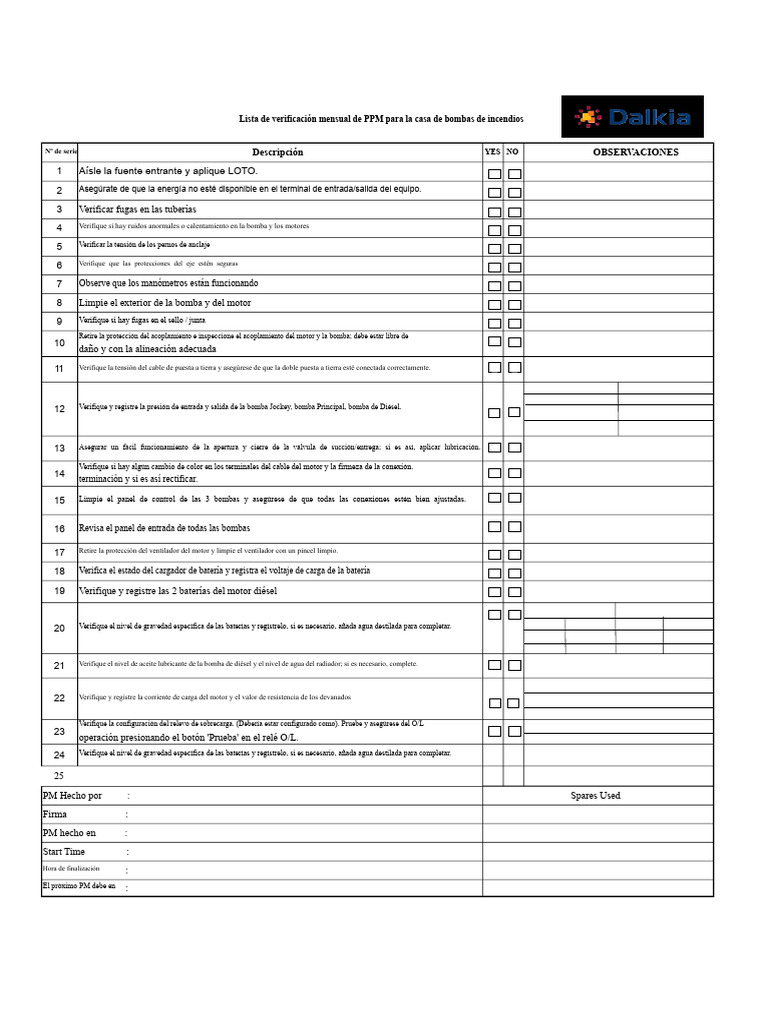 Checklist mensual PPM para bombas de incendios | PDF | Bomba | Relé