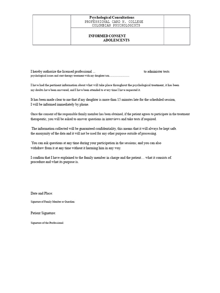 Informed Consent for Adolescent Therapy | PDF