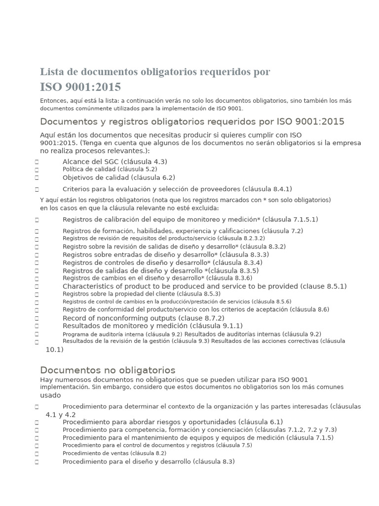 Documentos ISO 9001:2015 Obligatorios | PDF | Sistema de manejo de ...