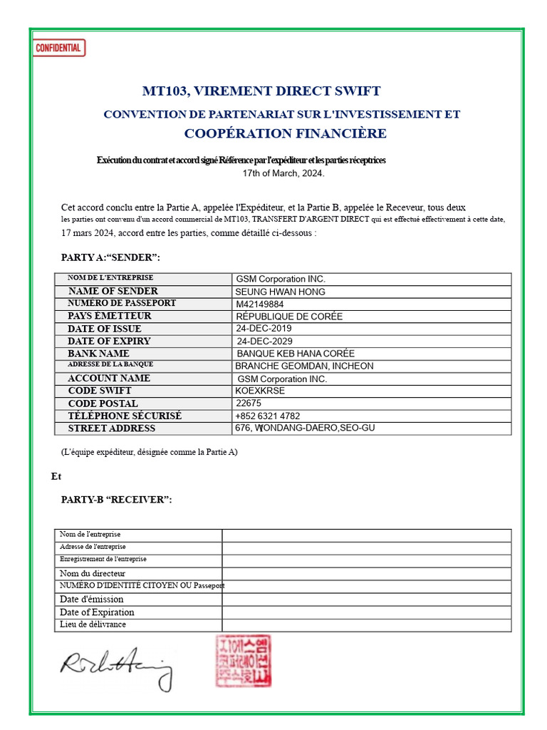 Accord MT103 pour Virement SWIFT | PDF | Banques | Virement bancaire