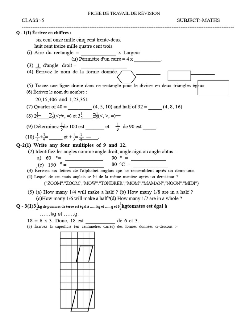 Fiche De R vision Maths 5 me Classe PDF Zone G om trie