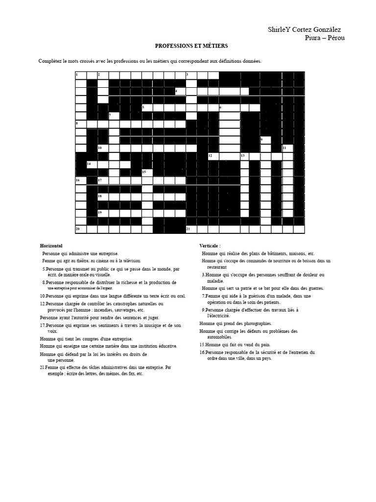 Mots croisés des professions et métiers | PDF