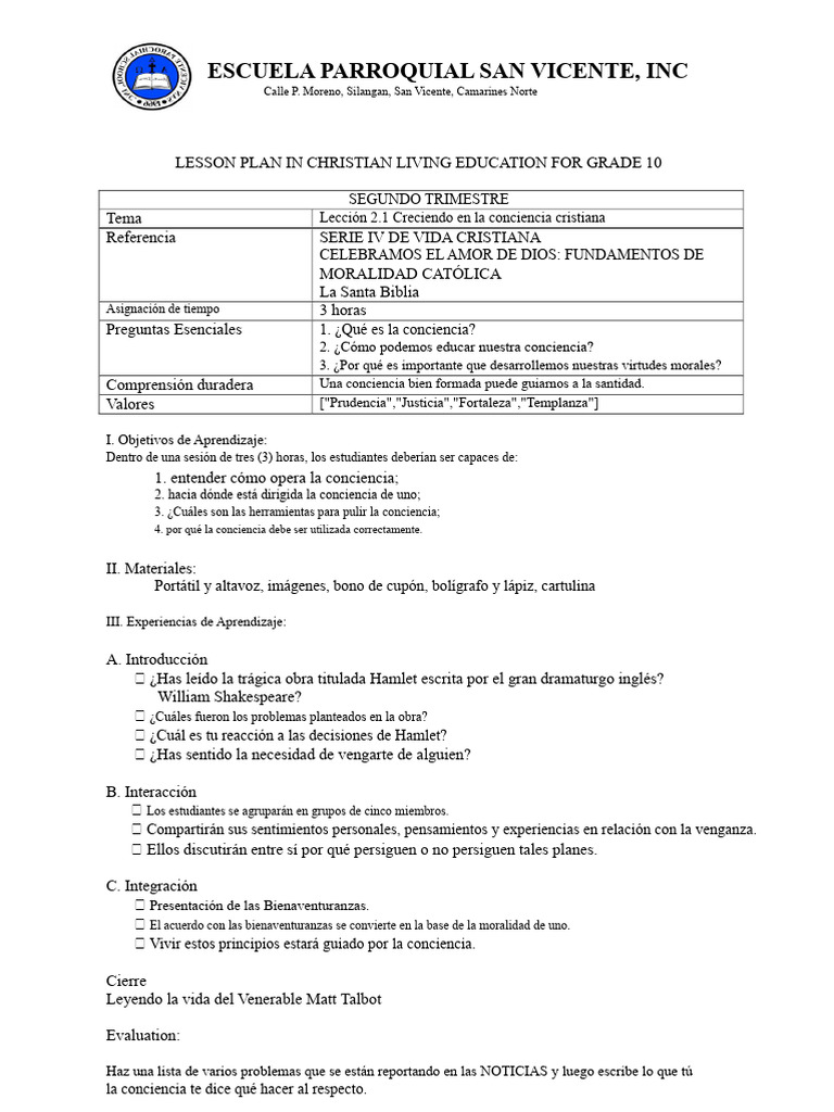 Plan de Lección en Educación Cristiana para 10º Grado | PDF | Moralidad