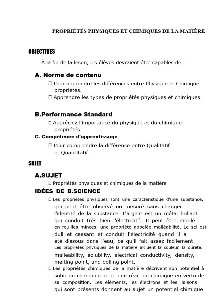 Propriétés Physiques et Chimiques de la Matière PDF Chimie — free download