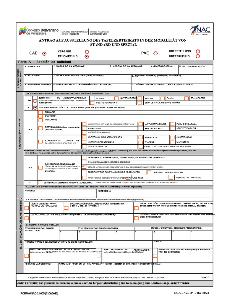 FORMULAR INAC 21-005 - Antrag Auf CAE Und PVE. (Aktualisiert) 2023 | PDF