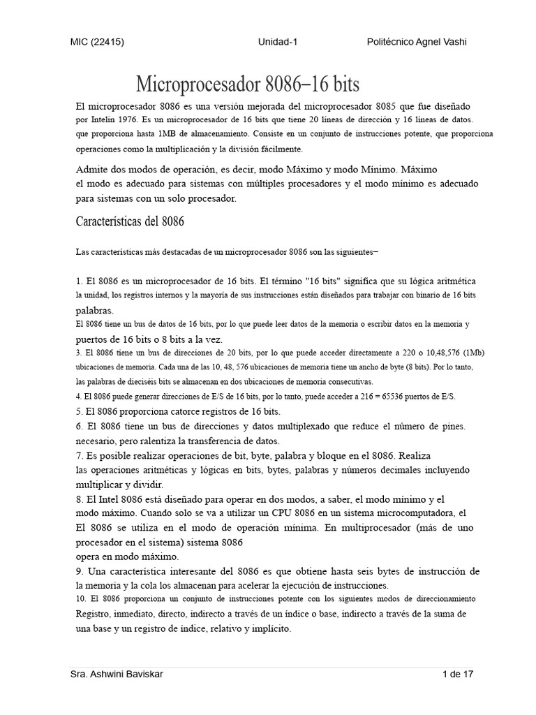 Microprocesador 8086: Características y Pines | PDF | Poco | Unidad ...