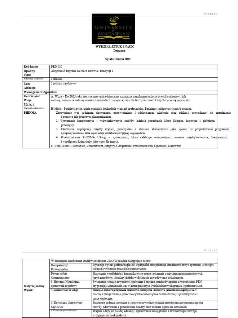 Ped 030 - Pathfit 1 - Obe Sylabus | PDF