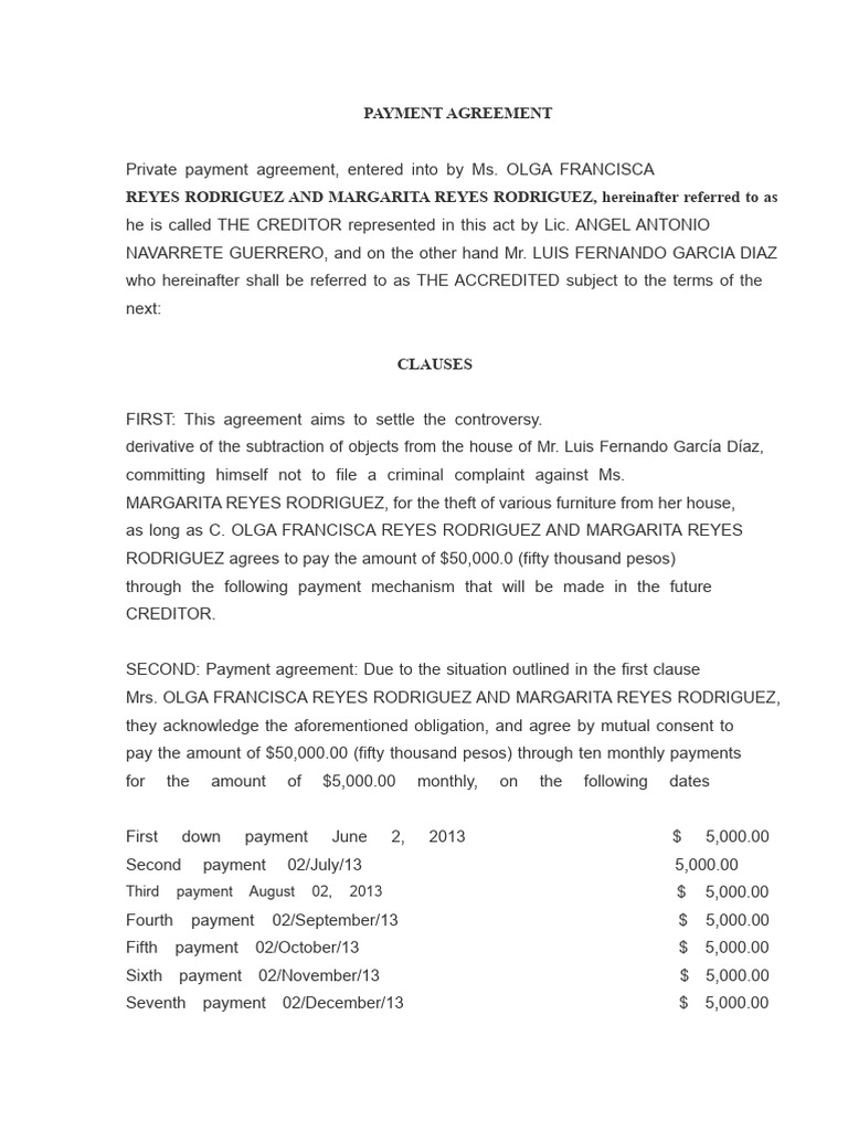 Payment Agreement for Debt Settlement | PDF | Promissory Note | Debt