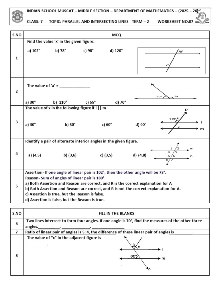 Geometry Worksheet on Angles and Lines | PDF | Angle | Classical Geometry