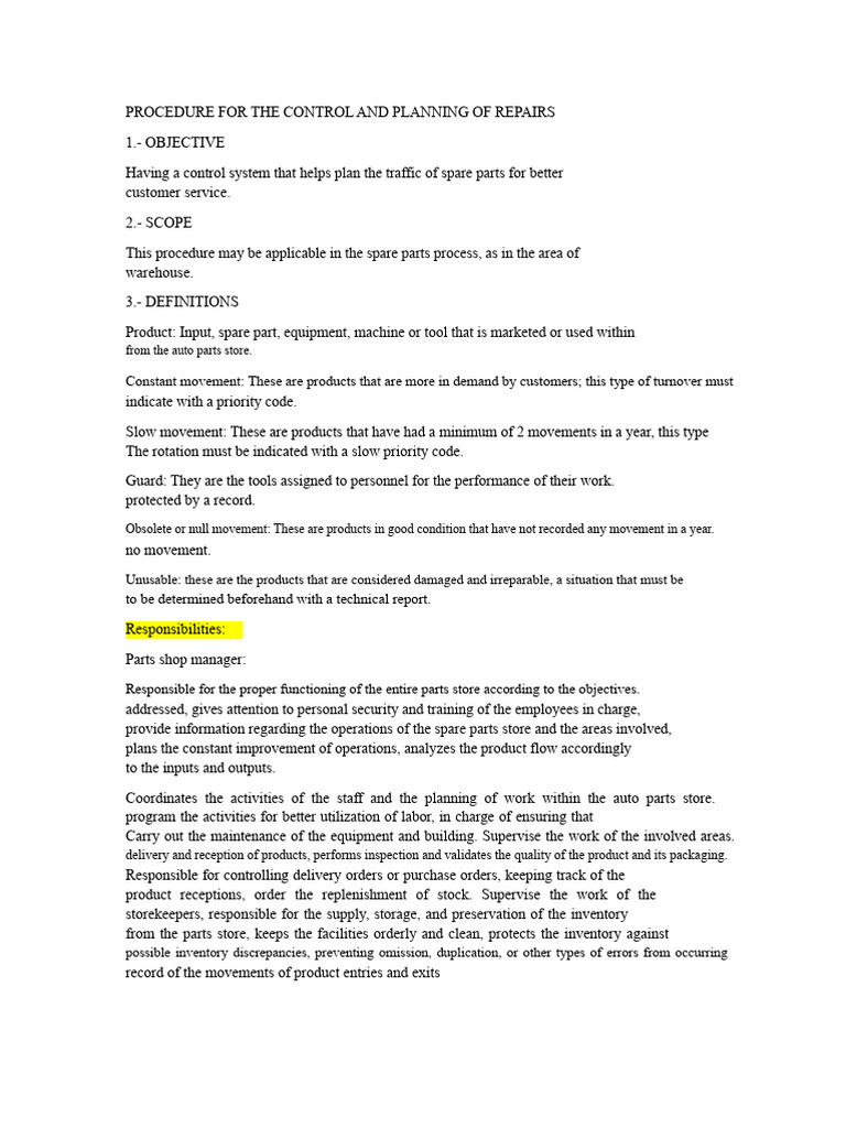 Spare Parts Repair Control Procedure | PDF | Warehouse | Receipt