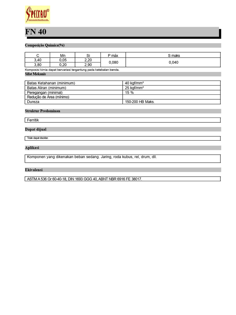 Komposisi dan Sifat FN 40-70 | PDF