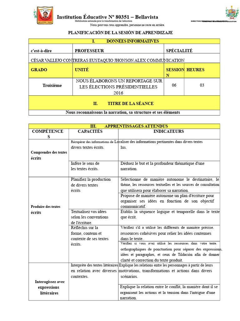 Plan de leçon sur la narration écrite | PDF