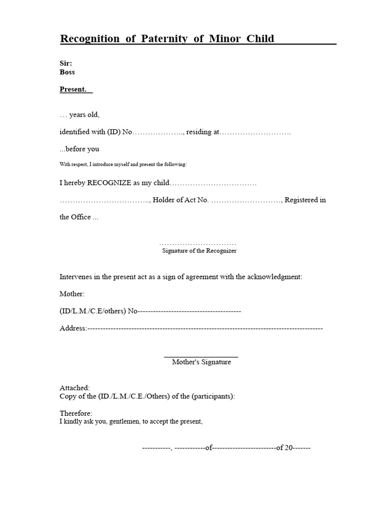 Model Request For Recognition of Father (Minor Child) | PDF
