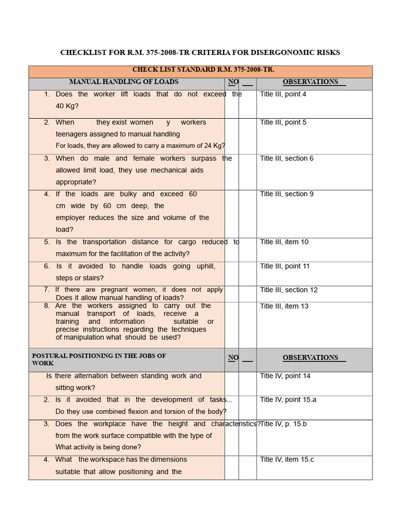 1 - Check List For R.M. 375-2008-Tr | PDF | Safety | Workplace