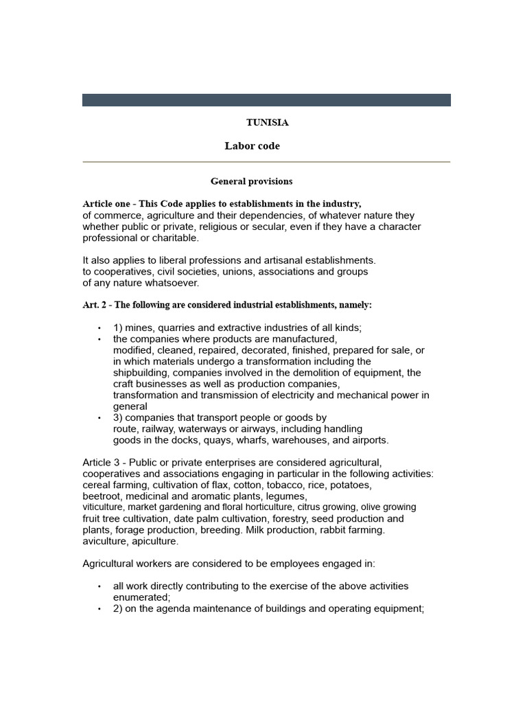 Tunisia Labor Code Overview | PDF | Cost Of Living | Employment