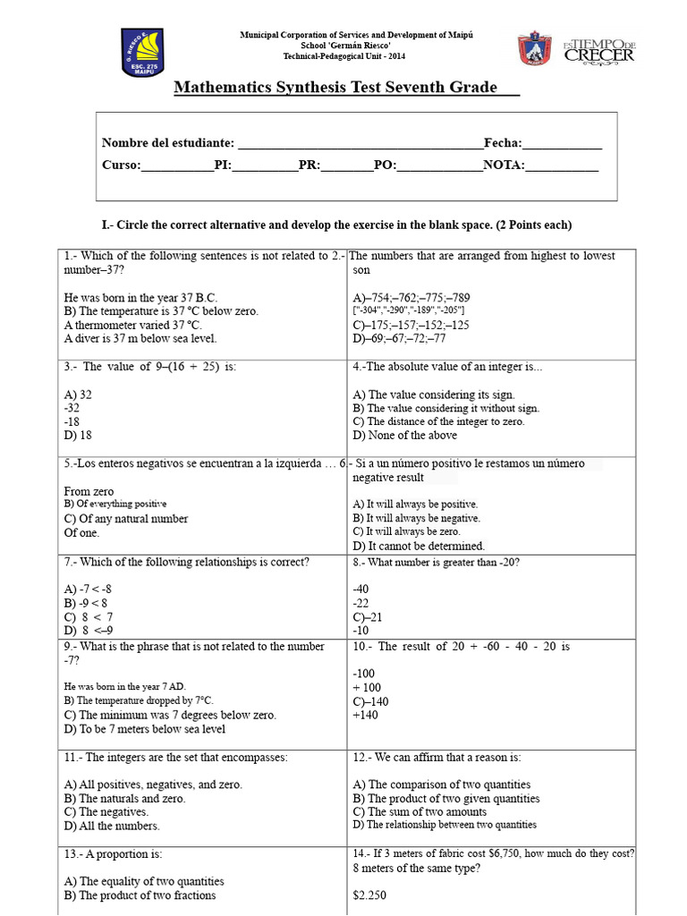 Seventh Grade Math Synthesis Test | PDF | Elementary Mathematics ...