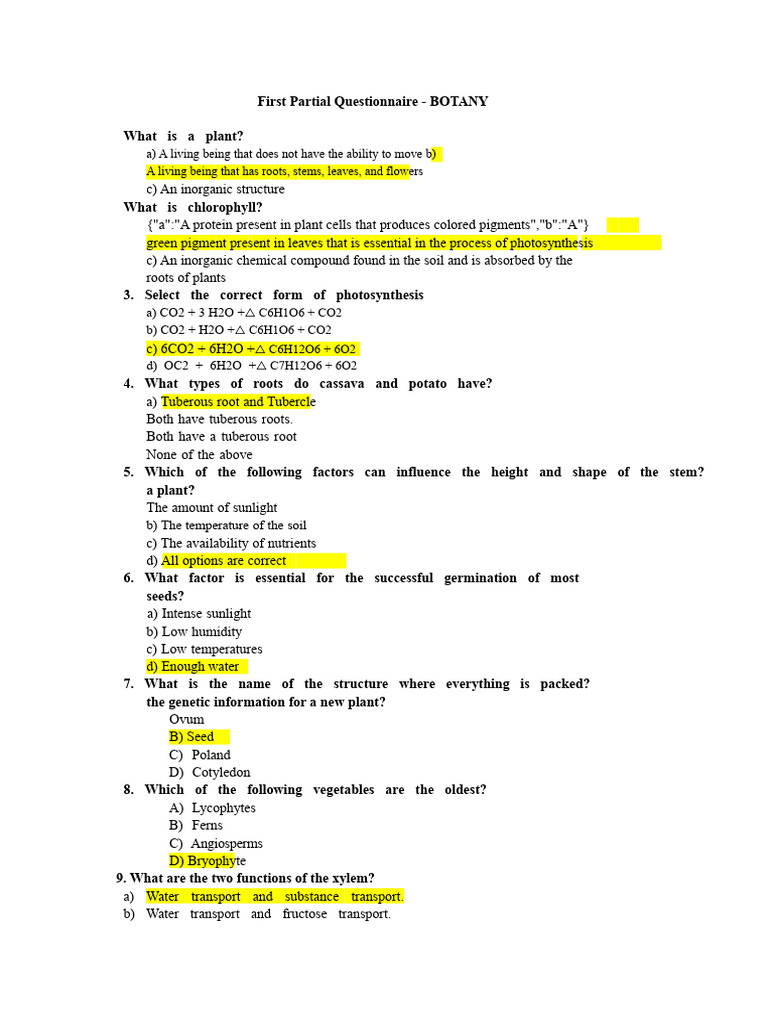 Botany Questionnaire | PDF | Root | Tissue (Biology)