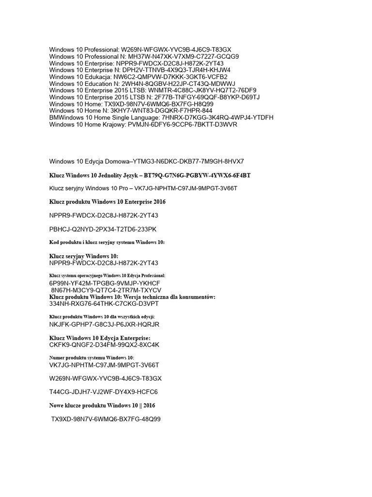 Windows 10 Product Keys List | PDF | Windows 10 | Microsoft Windows