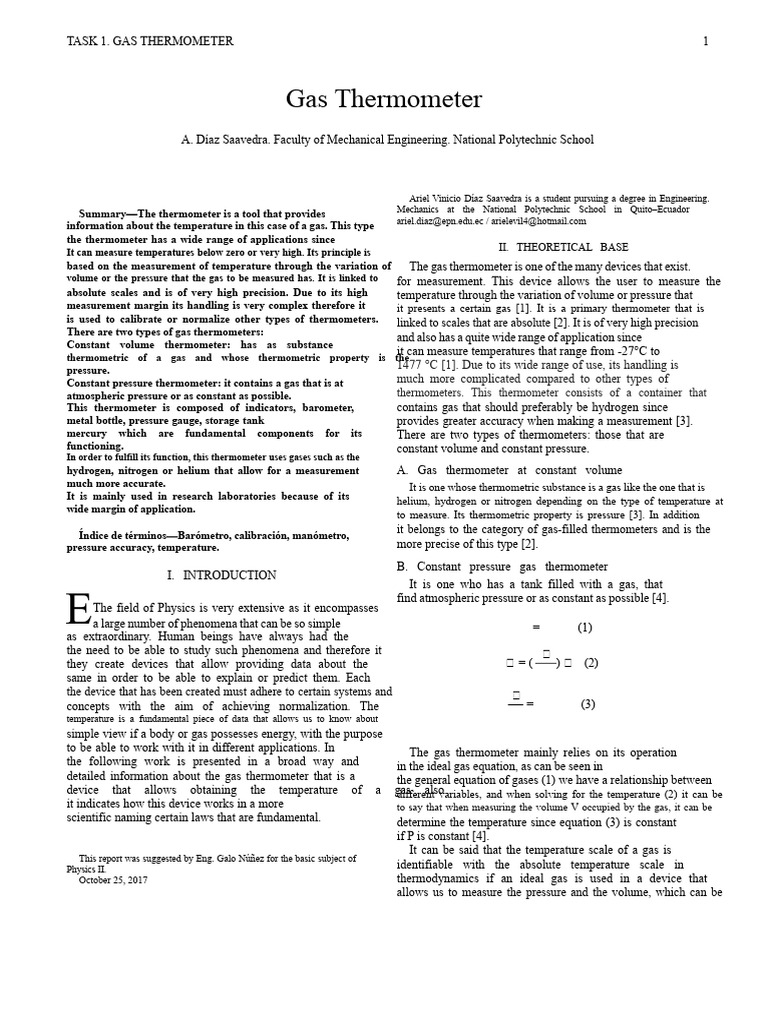 Gas Thermometer Overview and Applications | PDF | Temperature | Thermometer