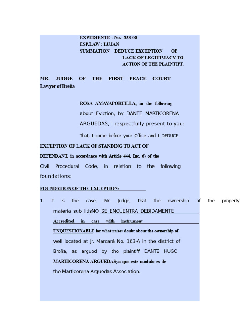 Deduce Exception of Lack of Standing To Act of The Plaintiff | PDF