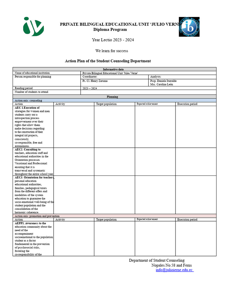 Action Plan of The Student Counseling Department | PDF | Psychosocial
