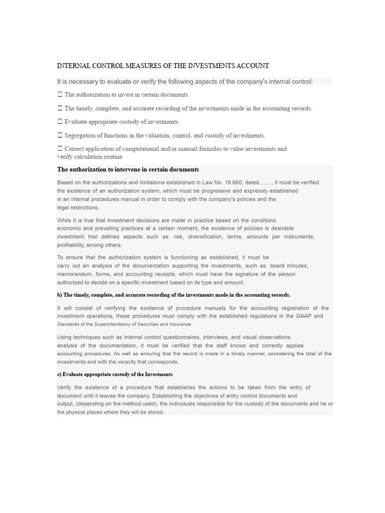 Internal Control for Investment Accounts | PDF | Investing | Audit