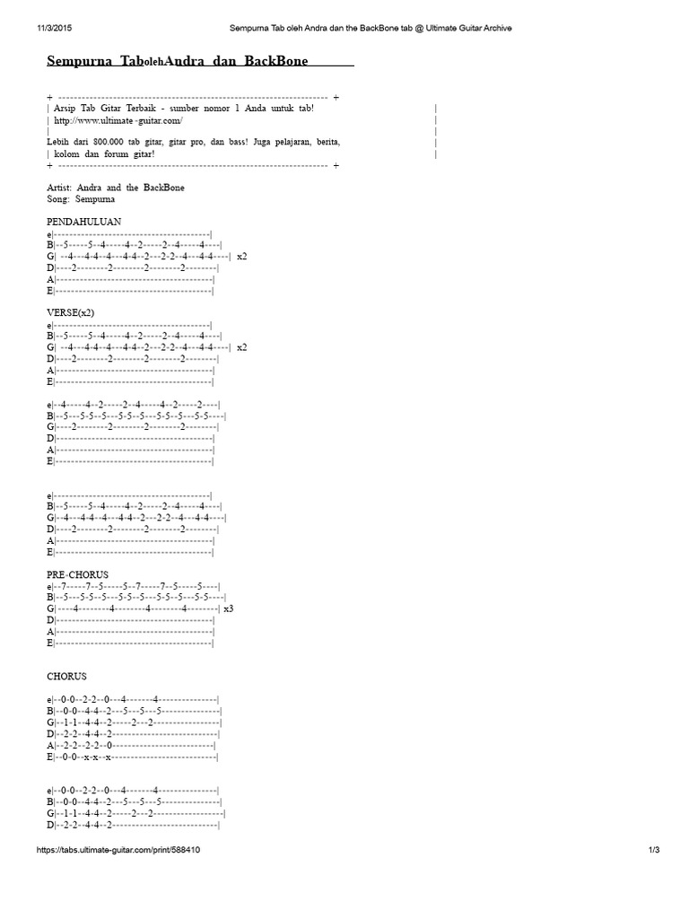 Tab Gitar Sempurna Andra dan BackBone | PDF